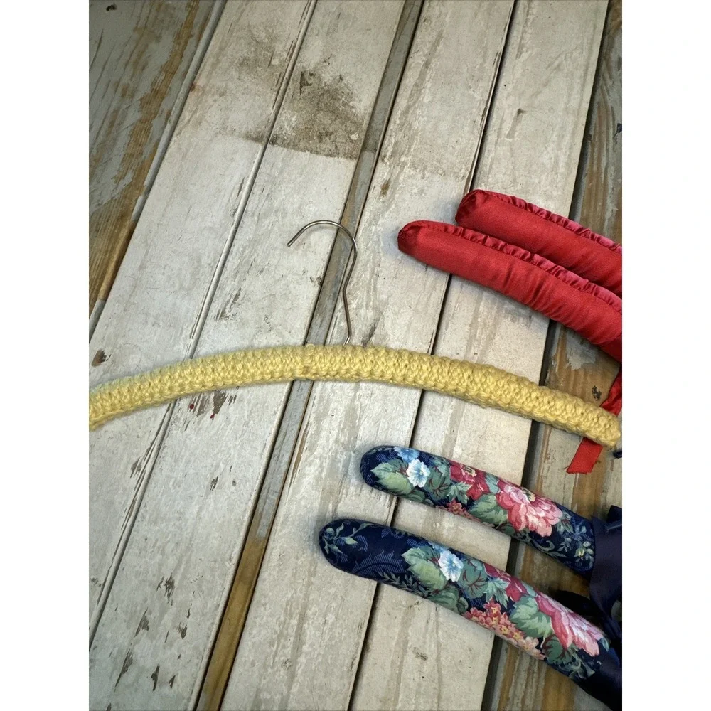 Vintage Red Satin, Blue Floral Fabric & One Crochet Padded Coat Hanger Lot Of 5